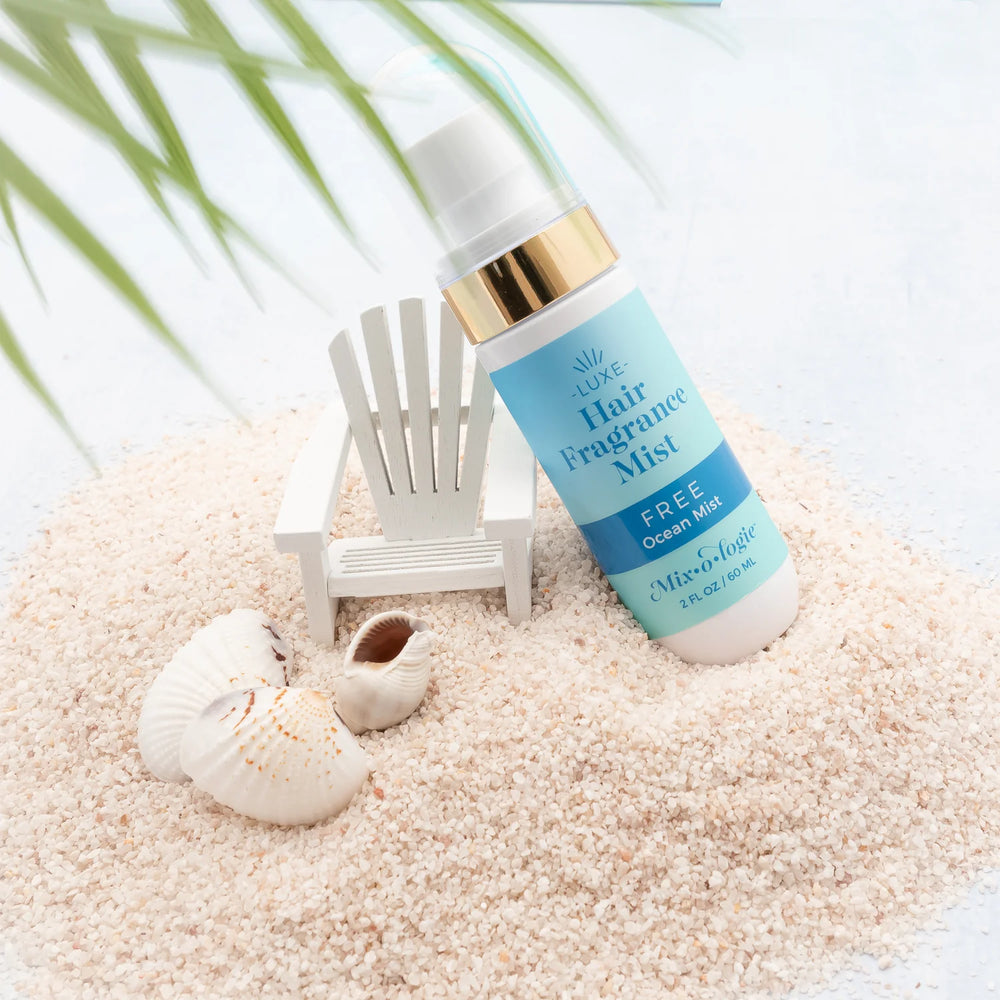 Mix O Logie Hair Mist | Free (Ocean Mist), blue and white, alcohol-free. Sizes: 3.4 oz, 8 oz. Ocean-inspired scent.