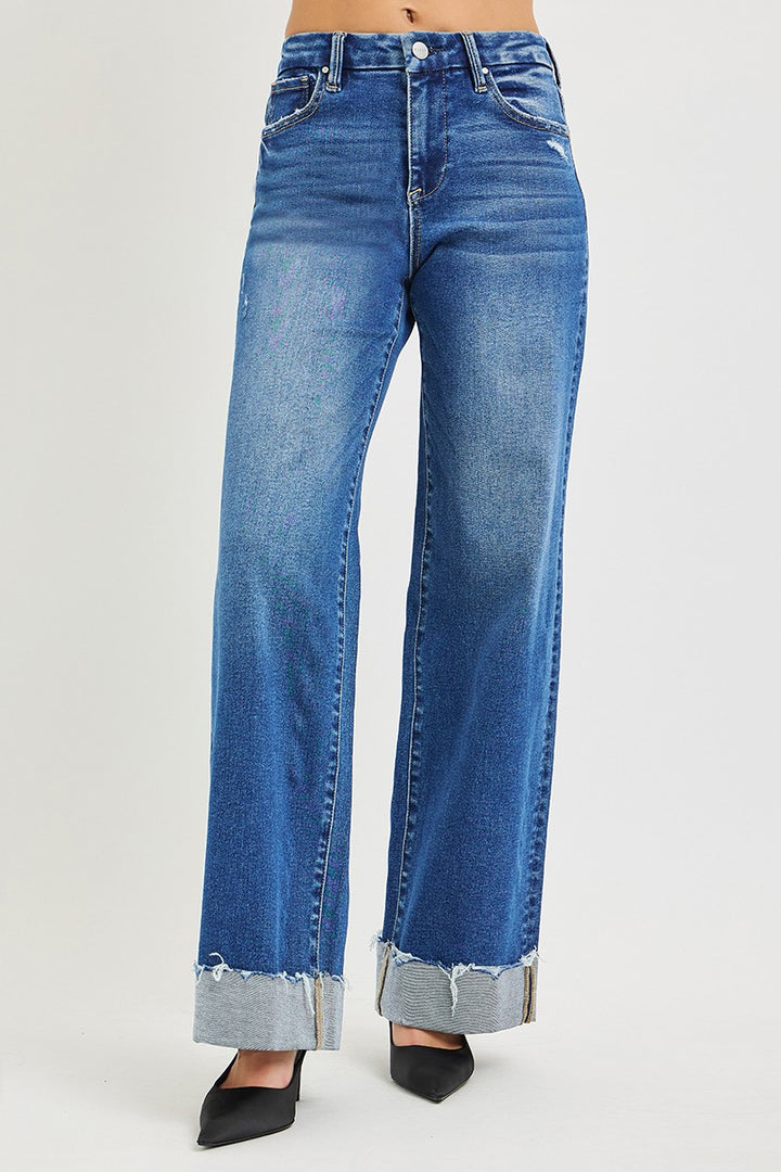 Risen High Rise Wide Leg Jeans with cuffed hem; available in sizes 24–32.