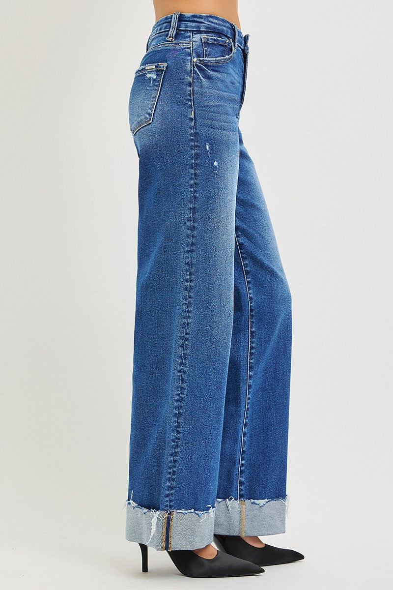 Risen High Rise Wide Leg Jeans with cuffed hem; available in sizes 24-32.
