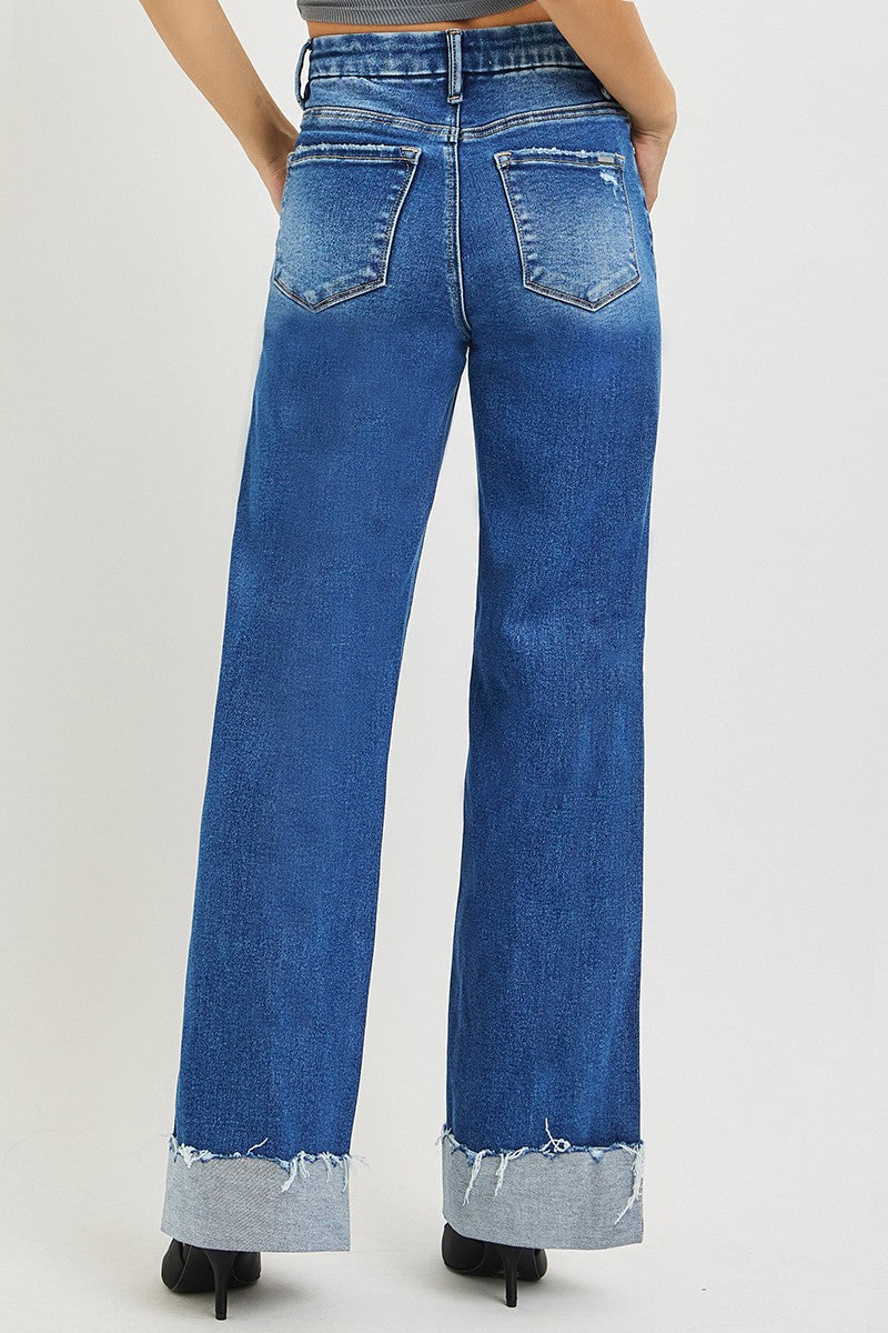 Risen High Rise Wide Leg Jeans with cuffed hem. Available in sizes 24-32.
