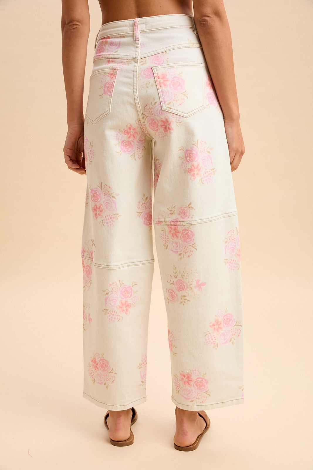 Romantic Floral Print HW Barrel Crop Jeans, wide-leg fit. Available sizes: 24-32.