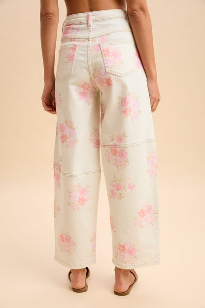 Romantic Floral Print HW Barrel Crop Jeans, wide-leg fit. Available sizes: 24-32.