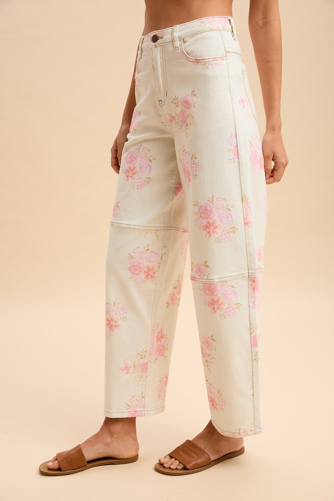 Romantic Floral Print HW Barrel Crop Jeans, available in sizes 24-32.