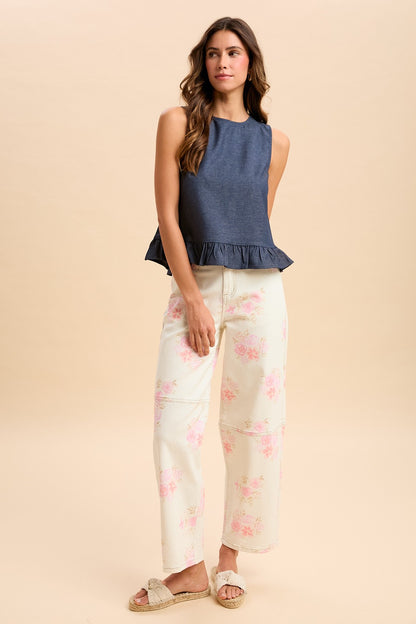 Romantic Floral Print HW Barrel Crop Jeans, available in sizes 24-32. Subtle floral design, cropped barrel-leg cut.