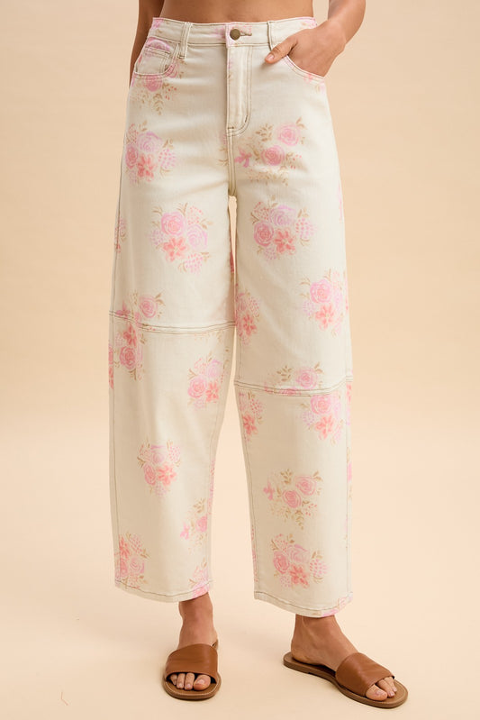 Romantic Floral Print HW Barrel Crop Jeans with pink blooms; available in sizes 24-32.