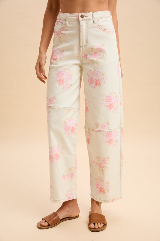 Romantic Floral Print HW Barrel Crop Jeans with light pink floral pattern. Available in sizes 24–32.
