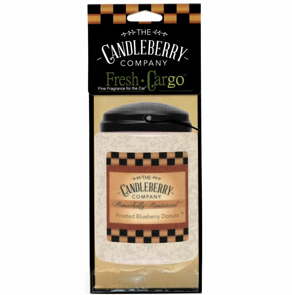 The Candleberry Company Car Freshener, Frosted Blueberry Donuts scent, odor eliminator, available in one standard size.