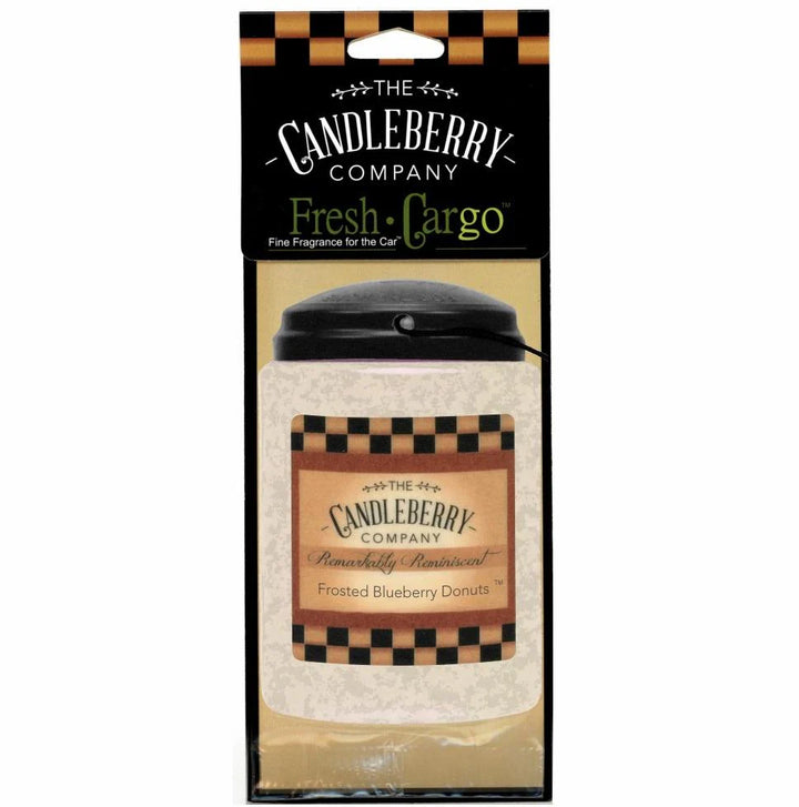 The Candleberry Company Car Freshener, Frosted Blueberry Donuts scent, odor eliminator, available in one standard size.