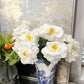 Blue and white vase with Elegant lifelike Artificial Real Touch Orlane Rose-15" Long. Pure White flowers with yellow centers. Available sizes: 15".