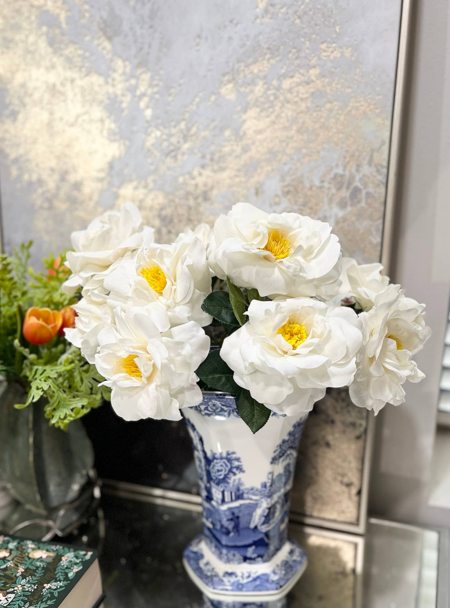 Blue and white vase with Elegant lifelike Artificial Real Touch Orlane Rose-15" Long. Pure White flowers with yellow centers. Available sizes: 15".