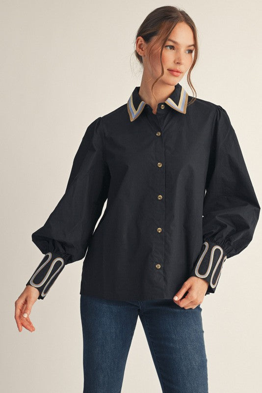Embroidered Cuff Long Sleeve Top