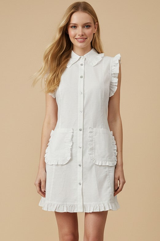 Ivory Ruffled Sleeveless Shirt Dress in soft cotton-linen with ruffled edges and large front pockets. Sizes: XS-XL.