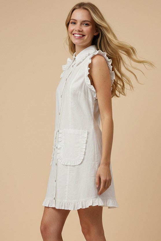 Ivory Ruffled Sleeveless Shirt Dress with ruffle trim, front pockets, A-line shape; cotton-linen blend. Sizes XS–XL.