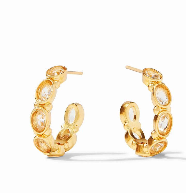 Medium Mykonos Hoop Earrings with gilded finish, clear oval gemstones along the edge. Available in medium size.