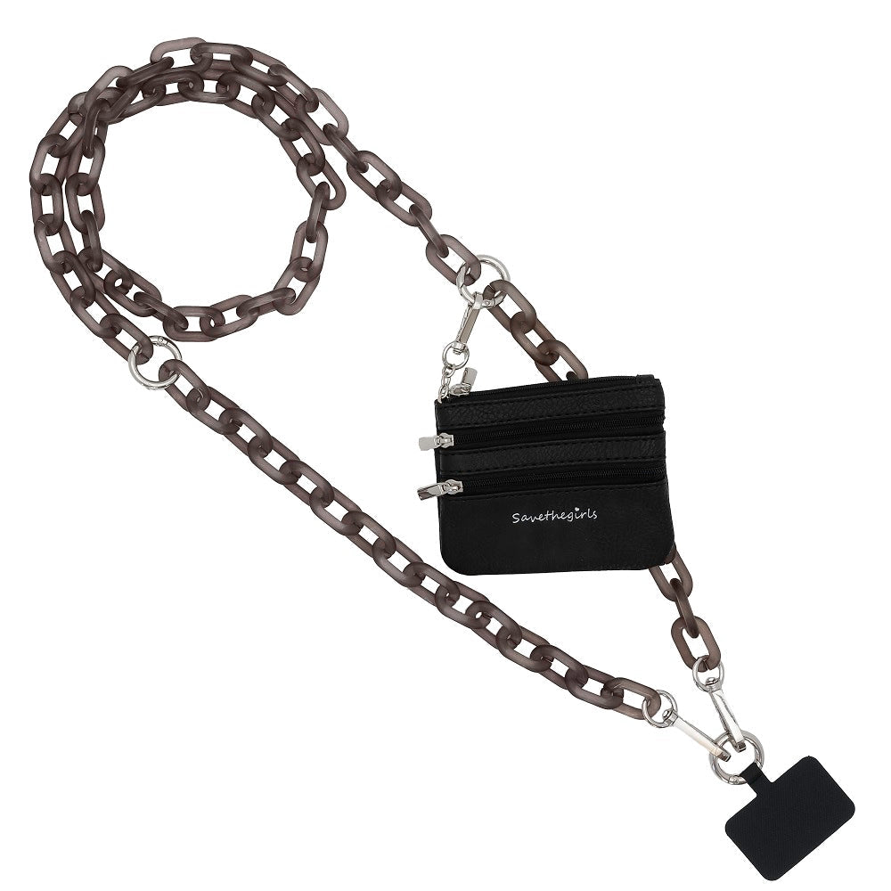 Save the Girls Clip and Go Zippered Pouch with brown chain lanyard, black badge holder, metal clips. Sizes: Small, Large.