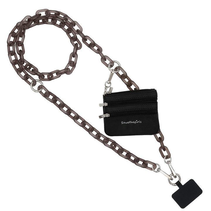 Save the Girls Clip and Go Zippered Pouch with brown chain lanyard, black badge holder, metal clips. Sizes: Small, Large.