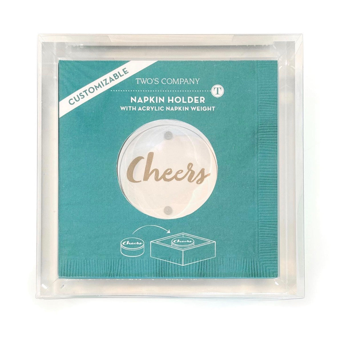 Turquoise package labeled “Acrylic Cocktail Napkin Holder with Paper Weight” and a round window showing “Cheers” on the acrylic weight. Sizes available: not specified.
