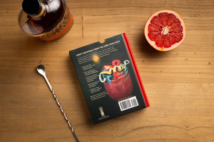 Texas Cocktails (Second Edition) book, available in standard hardcover size, features Texas-inspired drinks on the back cover.