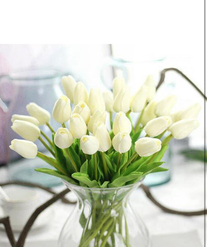 PU tulip bundles with green leaves in a clear glass vase. Available sizes: small, medium, large.