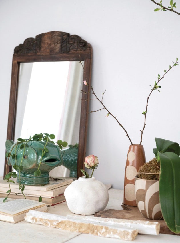 Wooden-framed mirror available in small, medium, and large sizes.