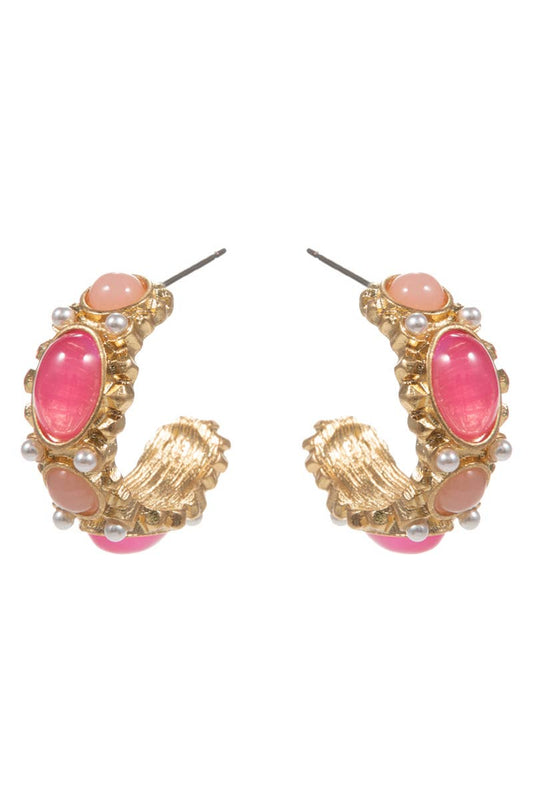 Gold hoops with pink oval stones, small round pink gems, and pearl accents. Available sizes: small, medium, large.