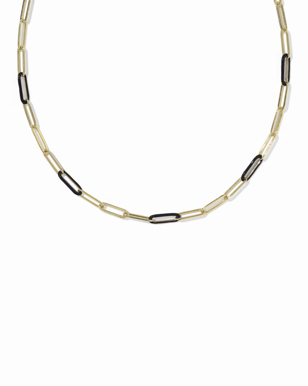The Courtney Enamel Link Necklace by Kendra Scott features elongated, alternating gold and black links in a bold chain design. Available sizes: 16", 18", and 20".