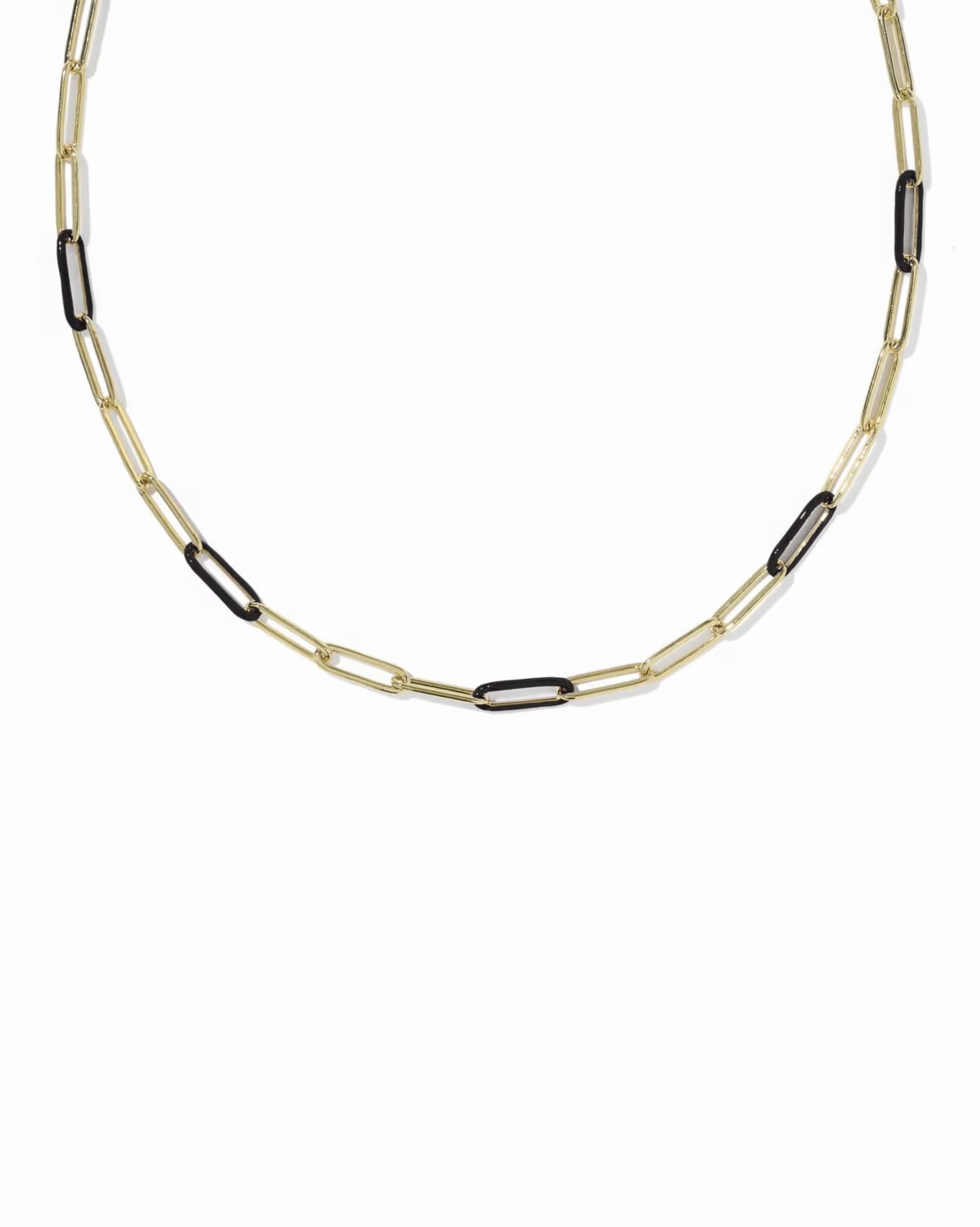 The Courtney Enamel Link Necklace by Kendra Scott features elongated, alternating gold and black links in a bold chain design. Available sizes: 16", 18", and 20".