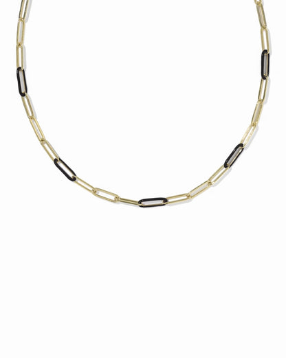 The Courtney Enamel Link Necklace by Kendra Scott features elongated, alternating gold and black links in a bold chain design. Available sizes: 16", 18", and 20".