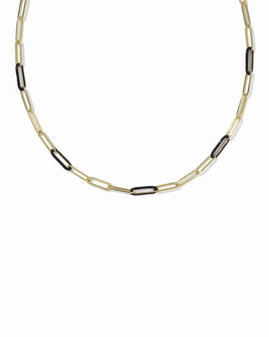 The Courtney Enamel Link Necklace by Kendra Scott features elongated, alternating gold and black links in a bold chain design. Available sizes: 16", 18", and 20".
