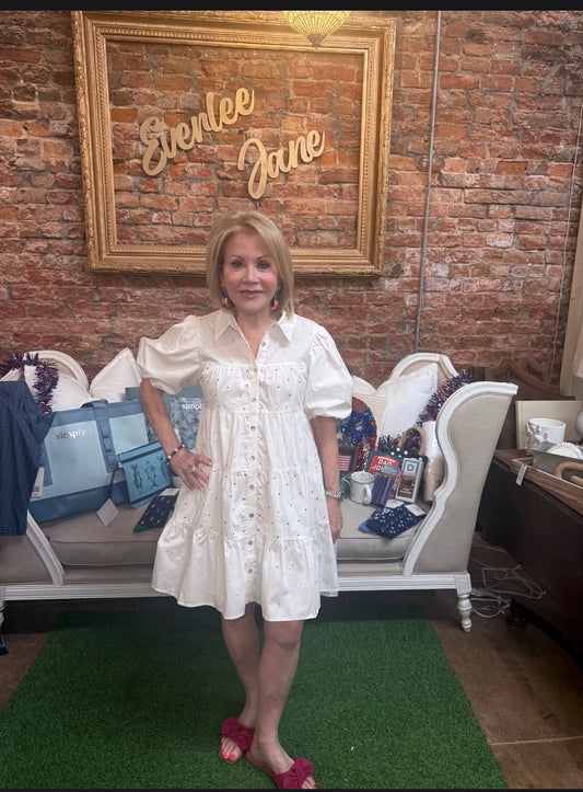 White Rhinestone Button Up Shirt Dress, available in sizes S-XL. Features button front and subtle rhinestone details.