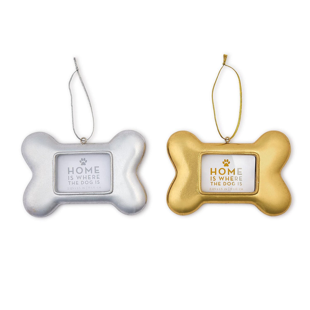 Silver and gold dog bone photo ornaments with 2.125 x 1.5-inch frames reading “Home is where the dog is.”.
