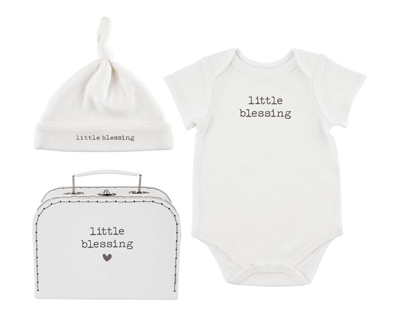 Little Blessing Gift" set:
- White baby beanie with knotted top
- Short-sleeve onesie 
- Small keepsake box with heart design and handle 
- Sizes: Newborn, 0-3 months

Ideal for Baptism gifts. Simple, minimalist design.