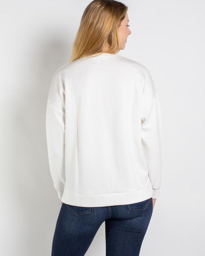 Back view of white Stockbridge Tree Sequin Sweatshirt with gold sequin Christmas tree.