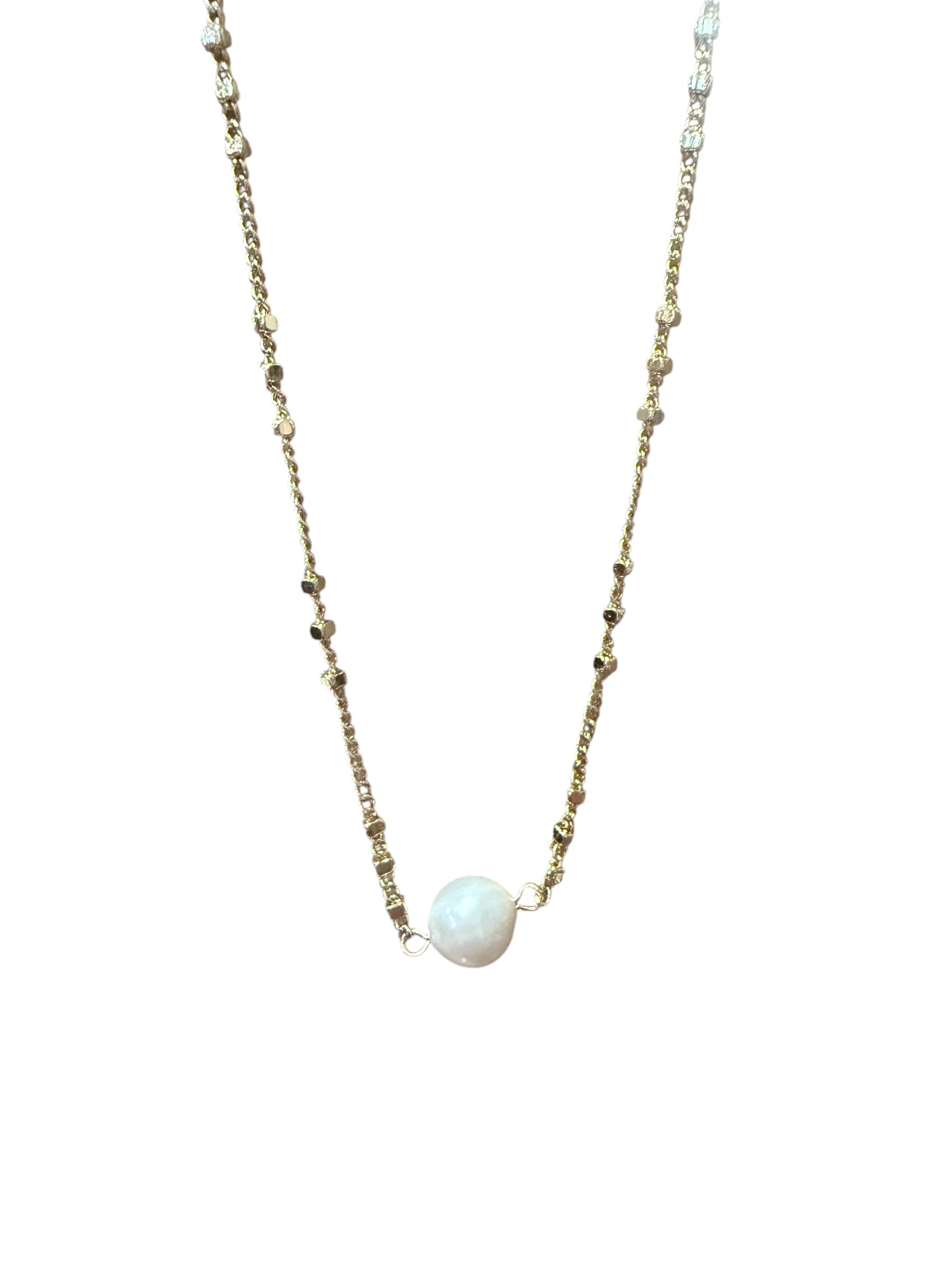 East Gold Pearl Necklace with small textured gold beads and a central white pearl. Available in 16", 18", and 20" lengths.