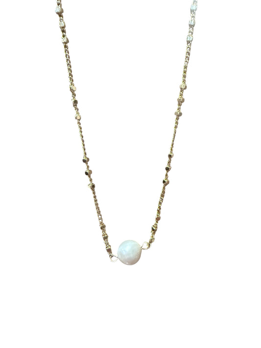 East Gold Pearl Necklace with small textured gold beads and a central white pearl. Available in 16", 18", and 20" lengths.