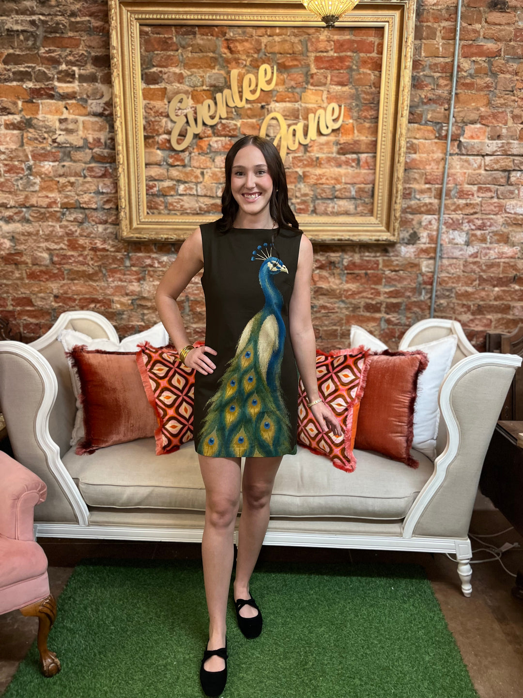 Chocolate Peacock Print Mini Dress, sleeveless brown fitted mini dress with front peacock motif. Available in various sizes.