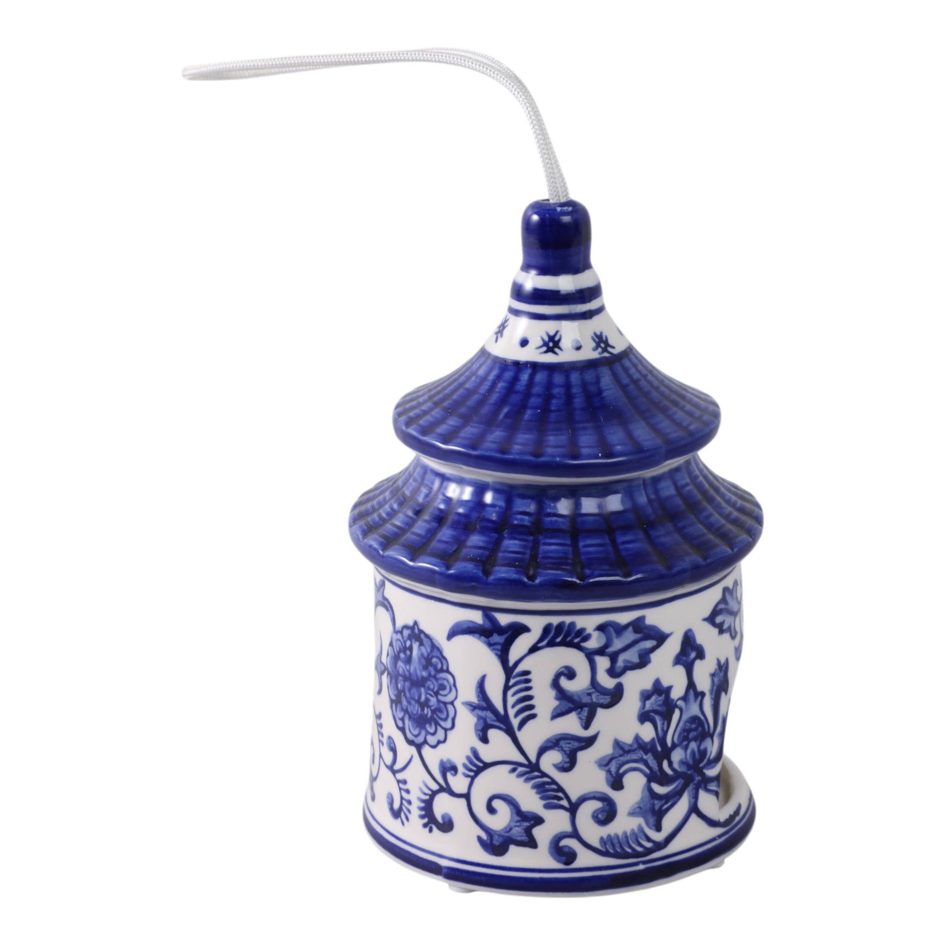 White/Blue 8x5 in. ceramic bird house with blue floral patterns, pagoda shape, and top cord. Only available in 8x5 in. size.