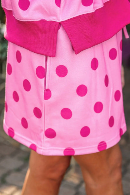 Weekend Escape Terry Skort Set in pink with dark pink polka dots. Available sizes: XS-XL.