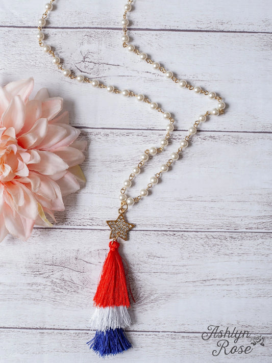 All-American Red, White & Blue Tassel Pendant necklace with pearls and gold star. Available in 16", 18", and 20" lengths.