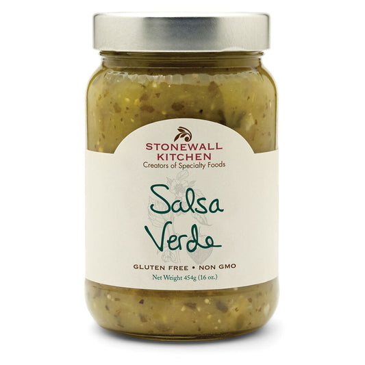 Stonewall Kitchen Salsa Verde in 454g (16 oz.) glass jar with silver lid, "Gluten Free," "Non GMO" on label, green salsa visible.