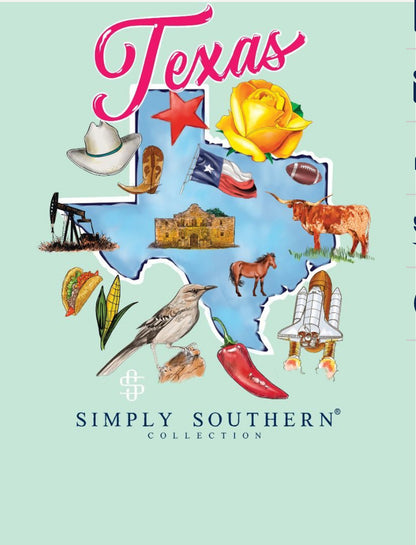 Graphic with the word "State TX Navy" at the top, featuring a state outline filled with symbols like a cowboy hat, a star, a yellow rose, an oil rig, and cattle. Below are