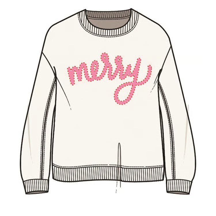 Off-white Sarah Merry Boucle Sweatshirt with ribbed crew neck, hem, and pink “merry” embroidery. Sizes available.