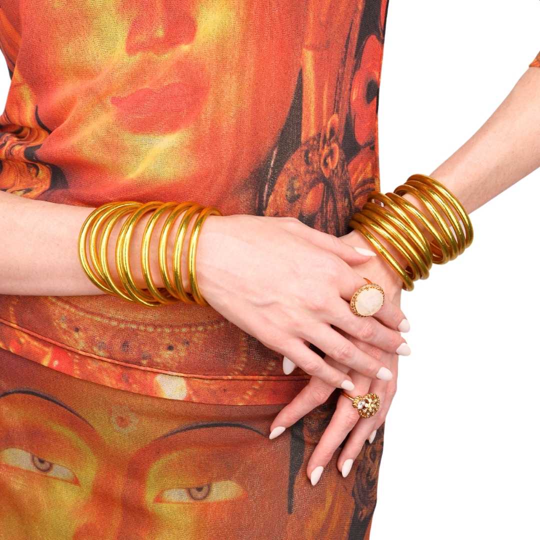 Gold All Weather Bangles® Set of 9 with Serenity Prayer, available in sizes Small, Medium, Large.