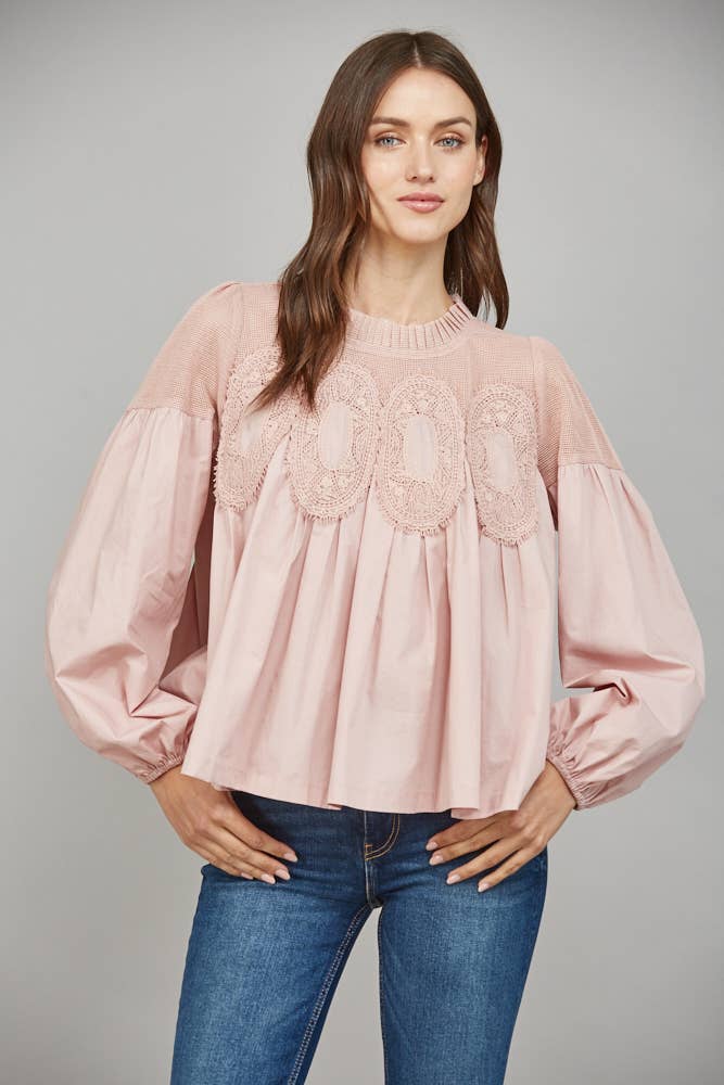 Lace Appliqué Detail Mixed Media Long Sleeve Blouse