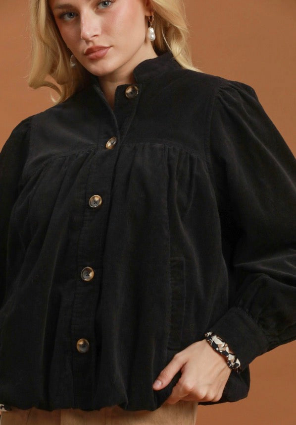 Corduroy Babydoll Jacket in black cotton with puffed sleeves, available in sizes XS–XL.