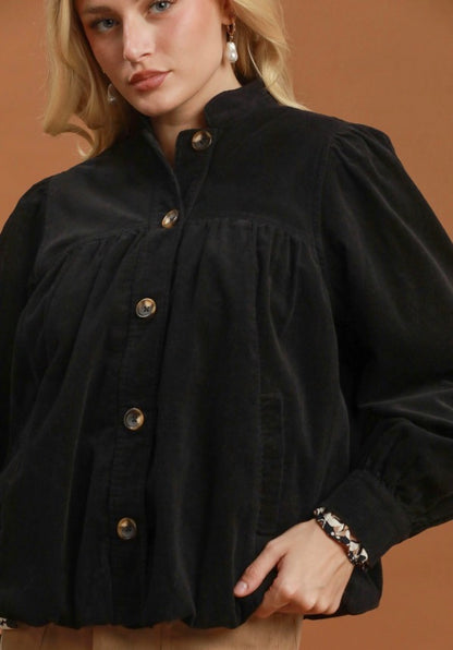 Corduroy Babydoll Jacket in black cotton with puffed sleeves, available in sizes XS–XL.