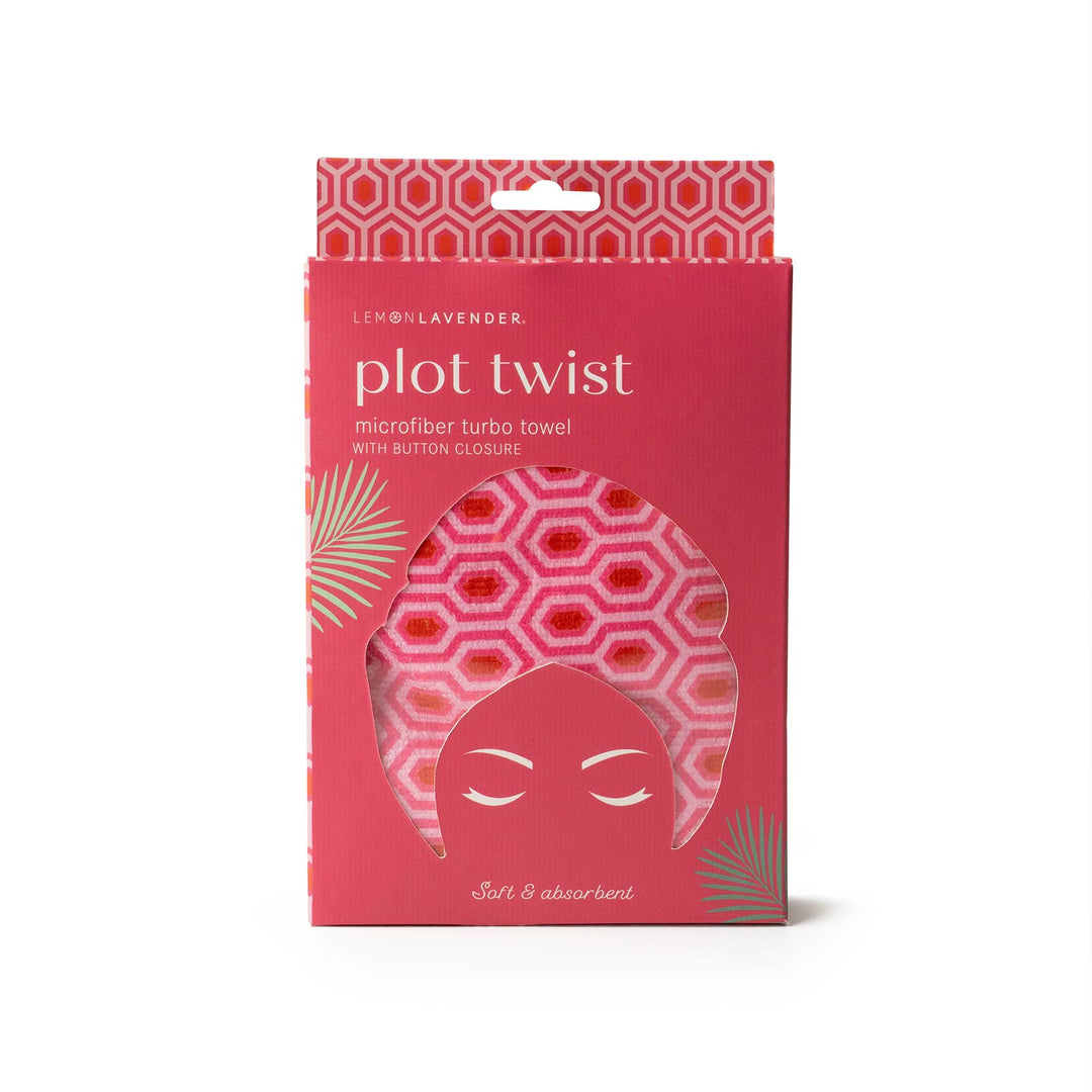 Pink and red box for Lemon Lavender Plot Twist Turbo Towel, microfiber with geometric pattern, available in one size.