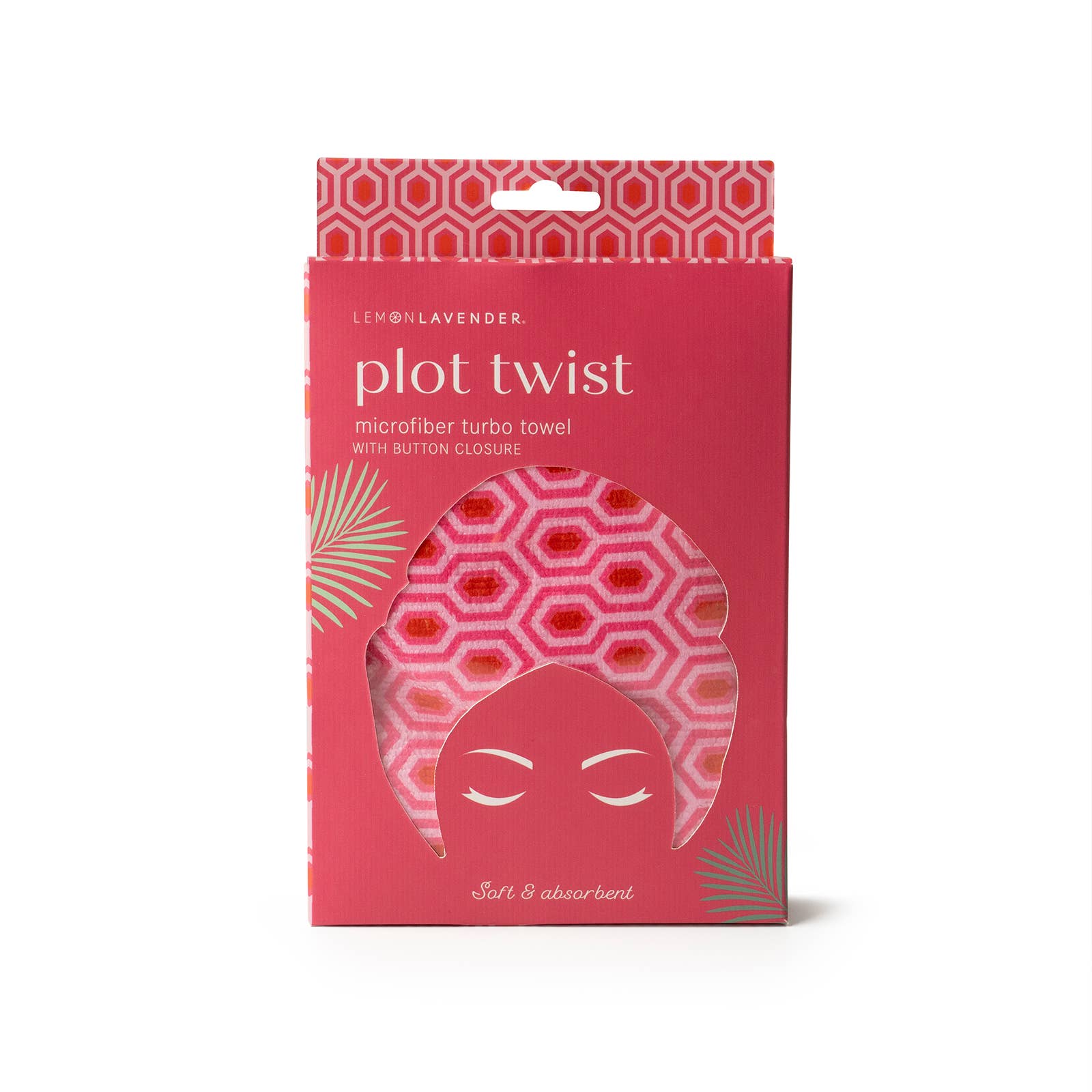 Pink and red box for Lemon Lavender Plot Twist Turbo Towel, microfiber with geometric pattern, available in one size.