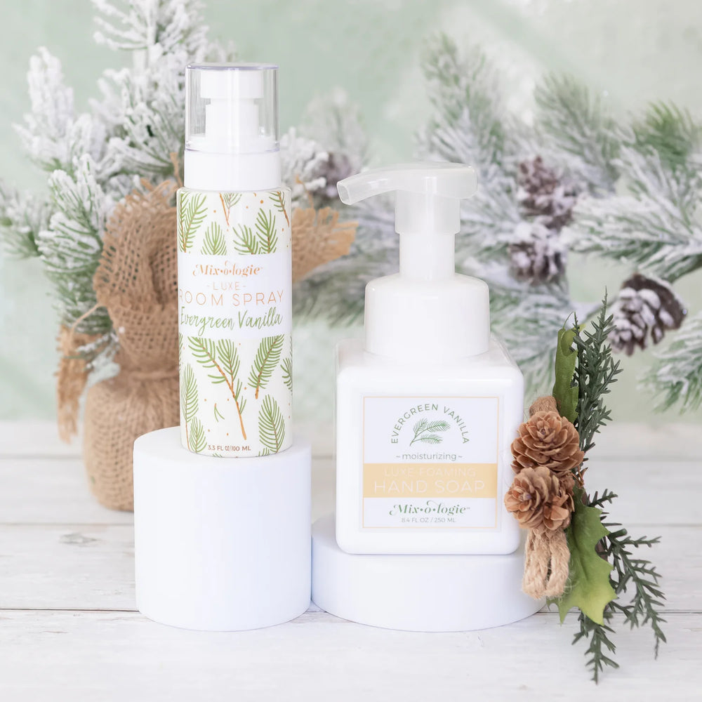 Mix O Logie Evergreen Vanilla room spray and hand soap bottles shown; available in multiple sizes.