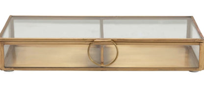 Gold rectangular display box with glass top/sides and circular ring handle; sizes available: small, medium, large.